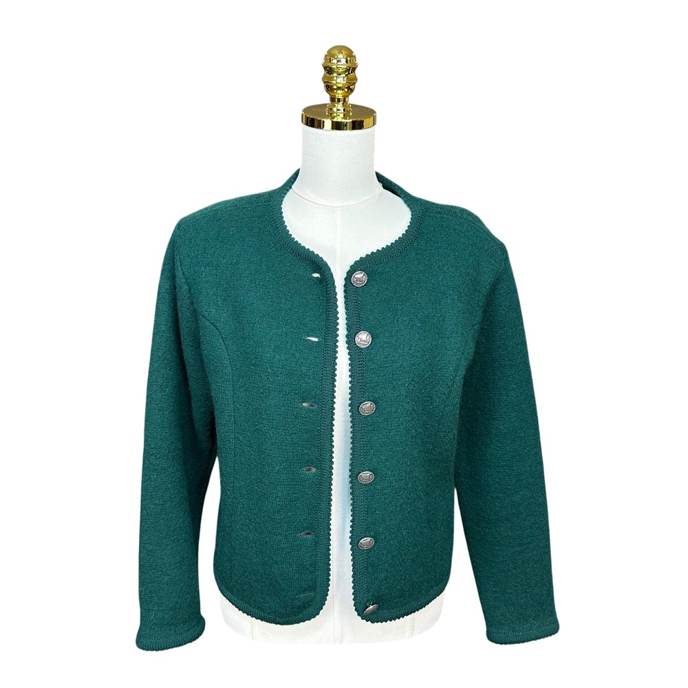 Vintage Tally-Ho Dark Green 100% Boiled Wool Cardigan Jacket Silver Ship Buttons